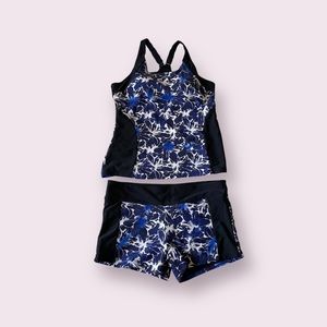 Blue and Black Tropical Hawaiian Print Two Piece Swimsuit Tankini Set Swimwear